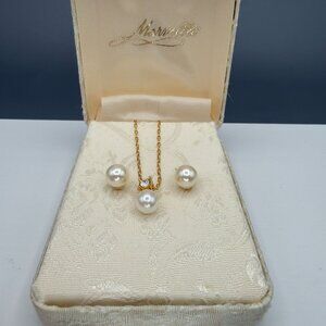 Vintage Napier Gold Tone Faux Pearl Rhinestone Necklace Marvella Earrings Set